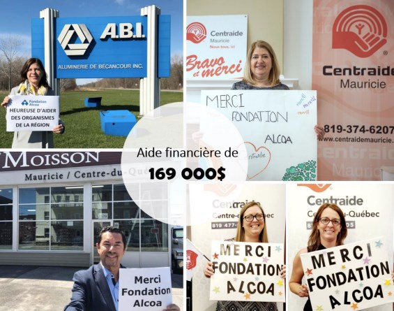 De gauche à droite et de haut en bas : Nicole Coutu, directrice générale de l’Aluminerie de Bécancour; Chantal Ferland, directrice régionale par intérim et conseillère en  développement philanthropique Centraide Mauricie; Jean Pellerin, président du conseil d’administration de Moisson Mauricie / Centre-du-Québec; Valéry Bourassa, directrice régionale par intérim Centraide Centre-du-Québec et Isabelle Dionne, présidente directrice générale de Centre-Ouest du Québec.