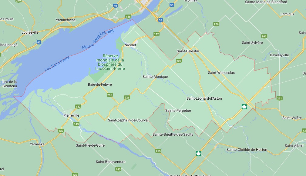 L'étendue du territoire de la MRC de Nicolet-Yamaska.