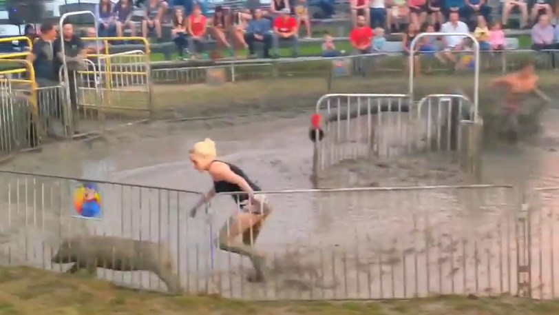 Normand DeLessard présente des images du rodéo de cochon de Saint-Isidore