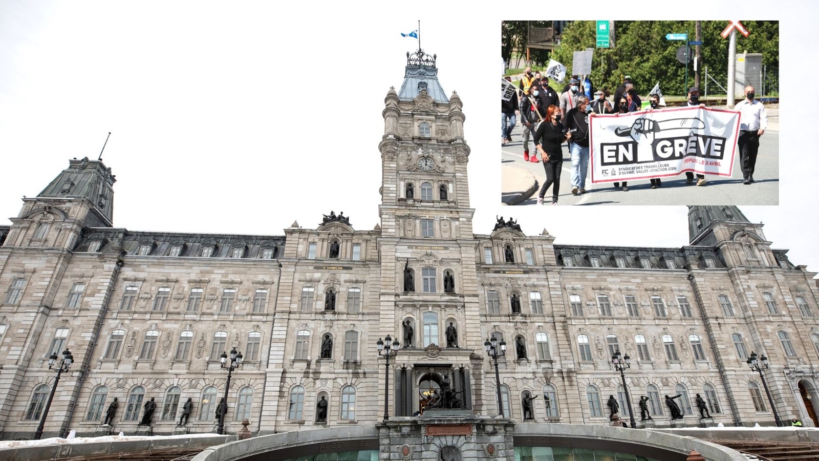 Les employés d'Olymel manifestent devant l'Assemblée nationale ce matin