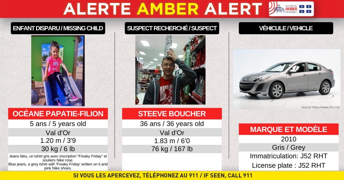 Alerte AMBER : Océane Papatie-Filion retrouvée saine et sauve