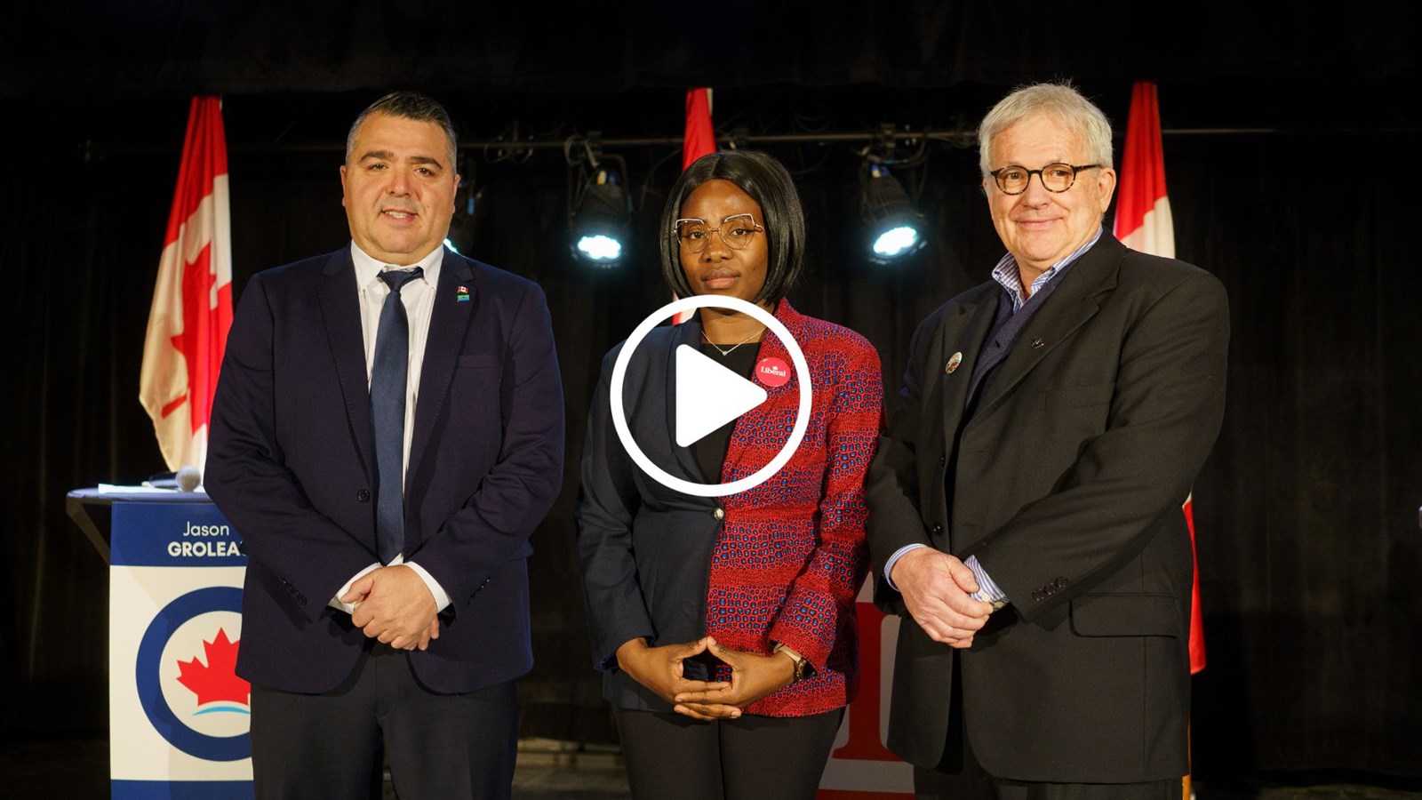 De gauche à droite, le conservateur Jason Groleau, la libérale Maryelle-Henriette Doumbia, et le bloquiste, Gaétan Mathieu.
